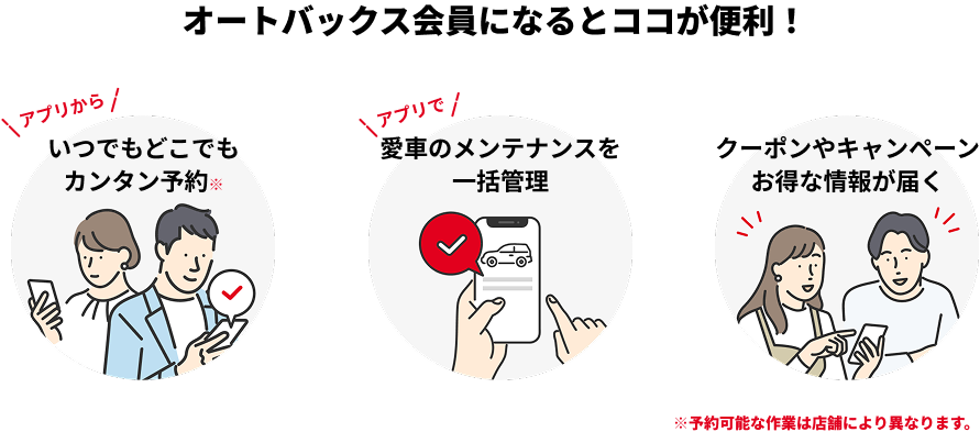 オートバックス会員になるとココが便利！　いつでもどこでもカンタン予約　愛車のメンテナンスを一括管理　クーポンやキャンペーン、お得な情報が届く